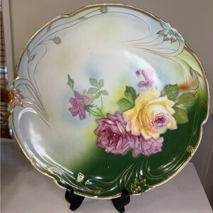 Vintage Bavaria Porcelain Plate with Green , yellow rose and pink roses , 12”